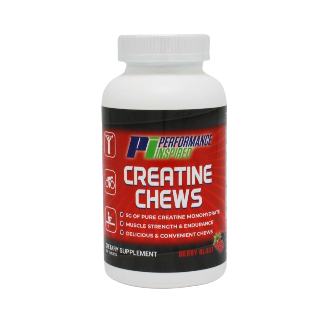 PERFORMANCE INSPIRED Nutrition Creatine Chew - 5g Creatine Monohydrate - Supports Muscle Growth & Recovery - Berry Blast Flavor - 120 Count