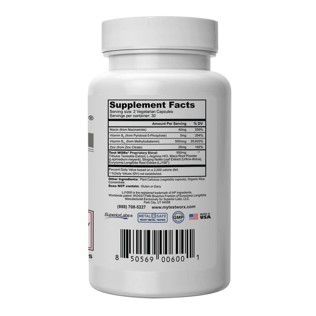 Superior Labs - Test Worx Natural Testosterone Booster Supplement - Clinically Proven LJ100 and 8 Other Powerful Ingredients for Drive, Stamina, Endurance & Strength