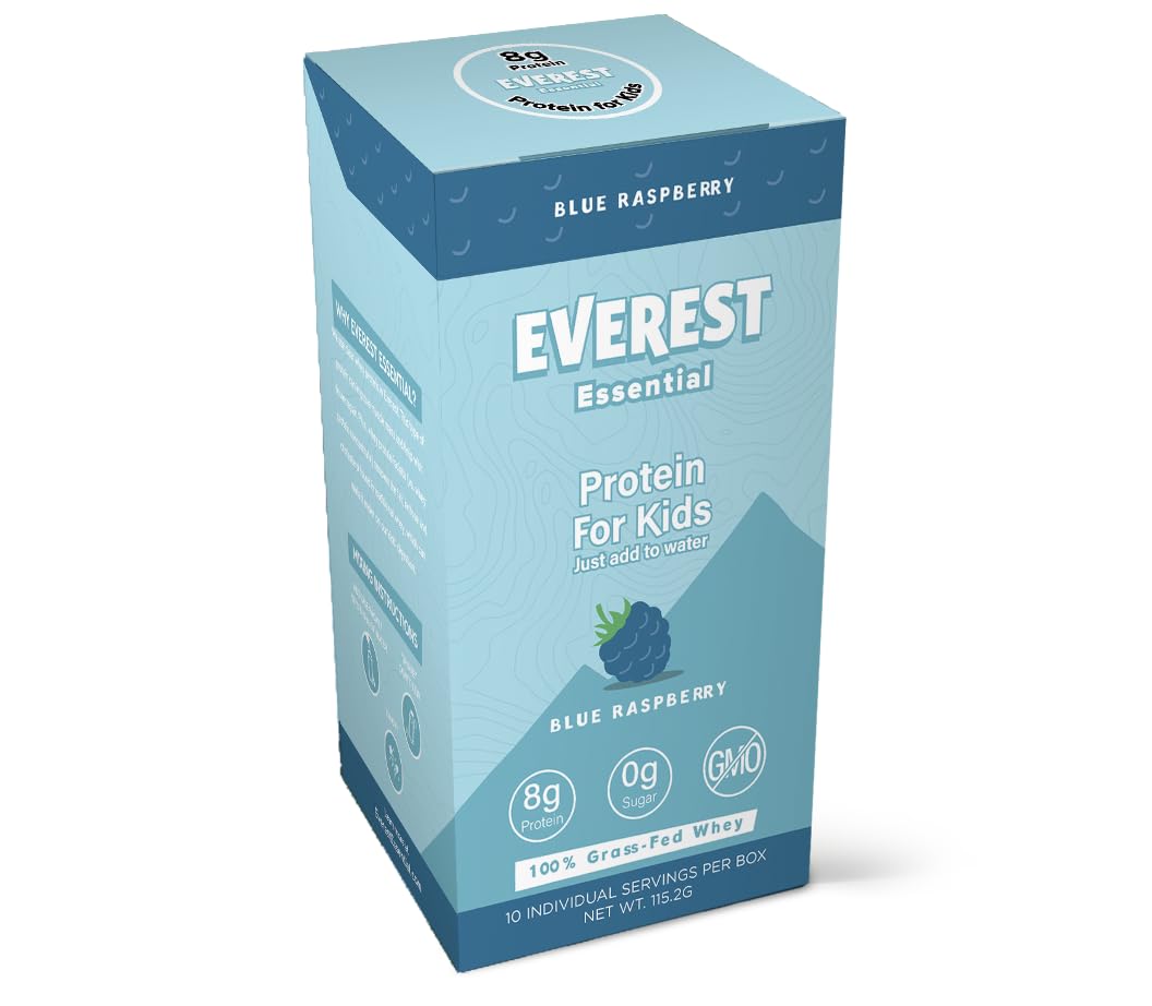 Everest Essential, Kid's Clear Whey Protein Powder (Blue Raspberry, 10 Packets) Protein Drink Mix for Kids, Electrolytes for Kids, 8g Protein Per Serving, Non GMO, Zero Added Sugar