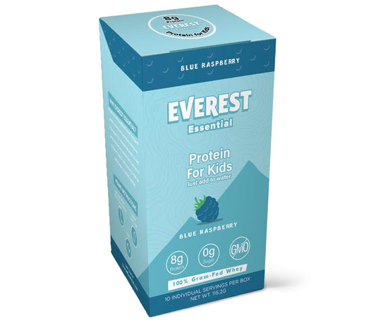 Everest Essential, Kid's Clear Whey Protein Powder (Blue Raspberry, 10 Packets) Protein Drink Mix for Kids, Electrolytes for Kids, 8g Protein Per Serving, Non GMO, Zero Added Sugar
