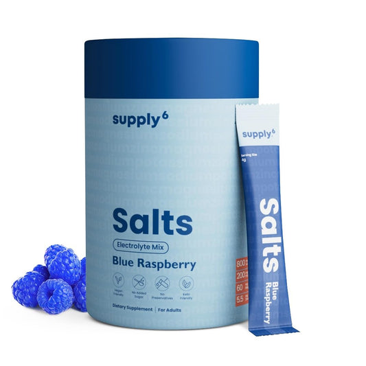 SUPPLY6 Salts - 1070mg Electrolytes with Magnesium | 3X Hydration, Zero Sugar | Superior Absorption with Added Fiber & Zinc for Gut Health | Vegan, Keto-Friendly | 18 Servings, Blue Raspberry