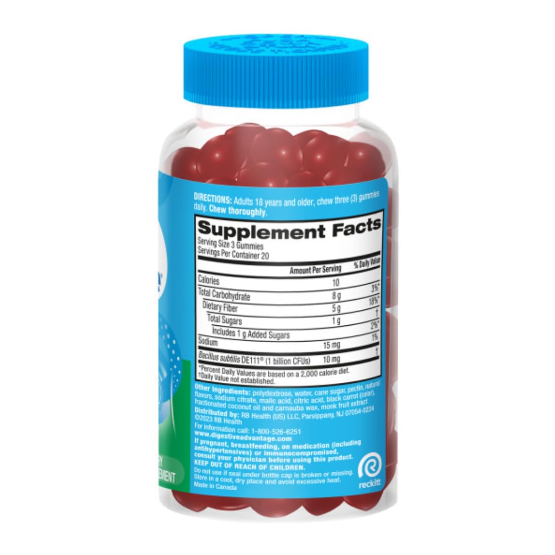 Digestive Advantage Prebiotic Fiber Supplement Strawberry Flavor Gummies with Probiotics for Women & Men Digestive Health, Adults Regularity and Gut Health, 60 Count (3 Pack)