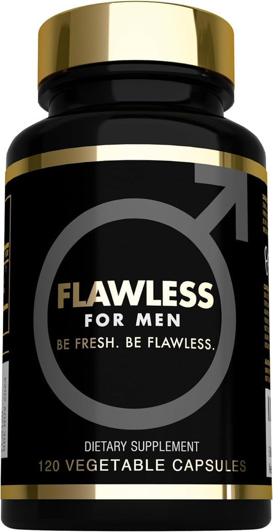 FLAWLESS FOR MEN USA'S Most Fiber Rich Supplement 120 Capsules Mega Dose 3000mg Blend Psyllium Husk, Aloe Vera, Chia Seed & Flaxseed Powder Gut Health, Cleanliness, Constipation