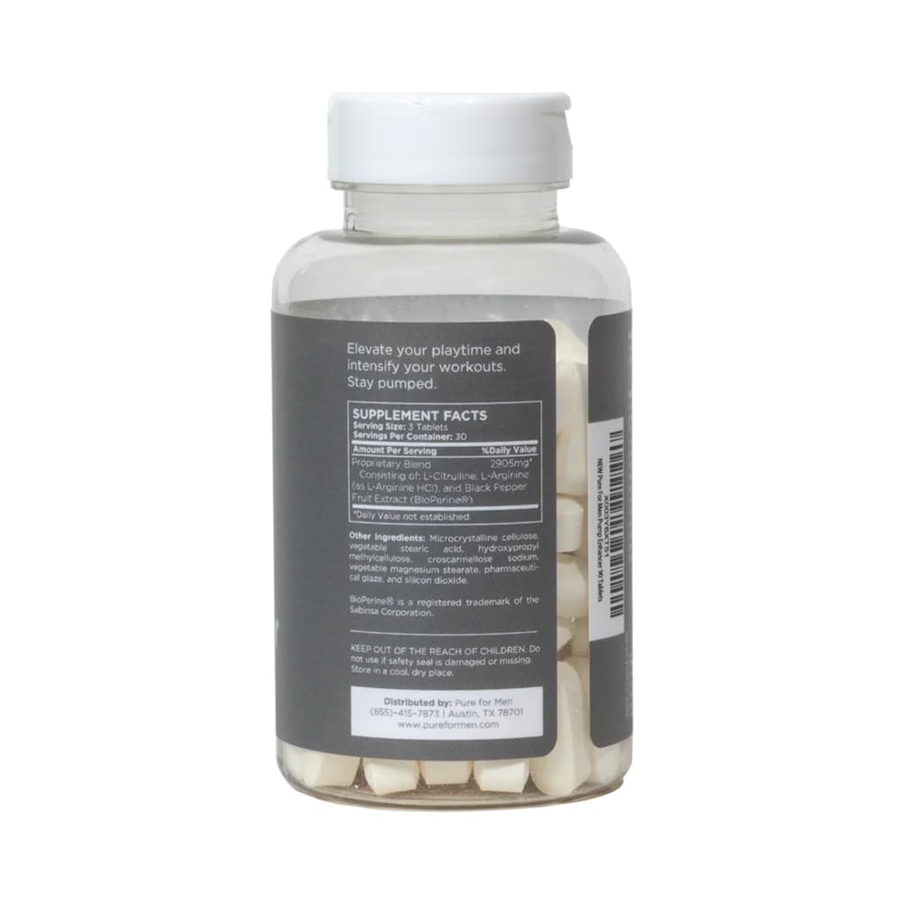 Pure for Men Pump Enhancer | Pre Workout Supplement for Muscle Pump, Stamina and Increased Blood Flow | Nitric Oxide Booster with L-Arginine & L-Citrulline | Focus and Energy Support | 90 Count