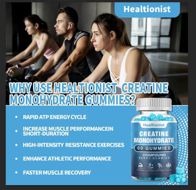 Healtionist 1 Pack Creatine Monohydrate Gummies for Men & Women, Chewable Creatine Monohydrate for Muscle Strength & Growth, Muscle Builder, Energy Boost, Pre-Workout Supplementm, Vegan, 60 Counts