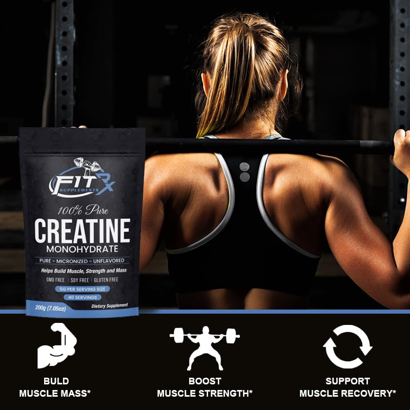 FITRxSupplements.com Pure Creatine Monohydrate Powder - Zero Added Ingredients - No Calories, 5g per Serving, Unflavored 40 Servings, 200g, Quick Dissolve