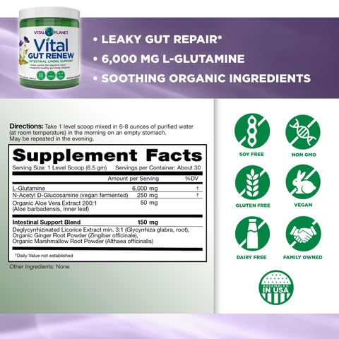 Vital Planet - Vital Gut Renew Powder Supplement for Leaky Gut Repair with L-Glutamine, Marshmallow and Ginger Root, DGL Licorice Root and Organic Aloe Vera, L Glutamine 6000mg 6.88 oz