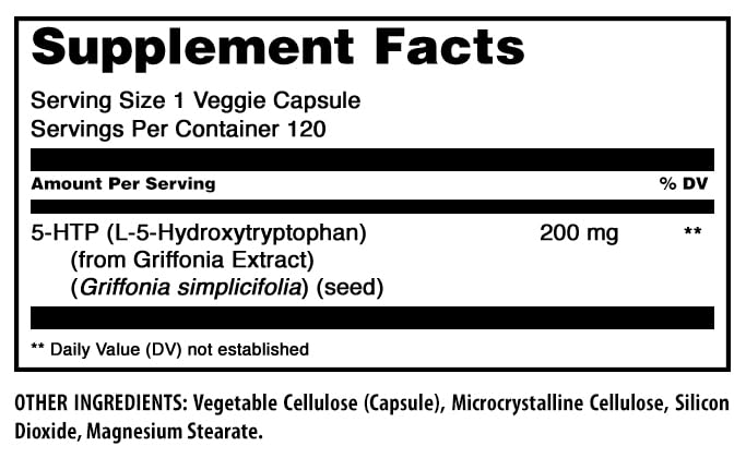 Amazing Formulas 5 HTP (L-5-Hydroxytryptophan) Supplement | 200 Mg per Serving | Veggie Capsules | Non-GMO | Gluten-Free | Made in USA (1 Pack, 120 Count)