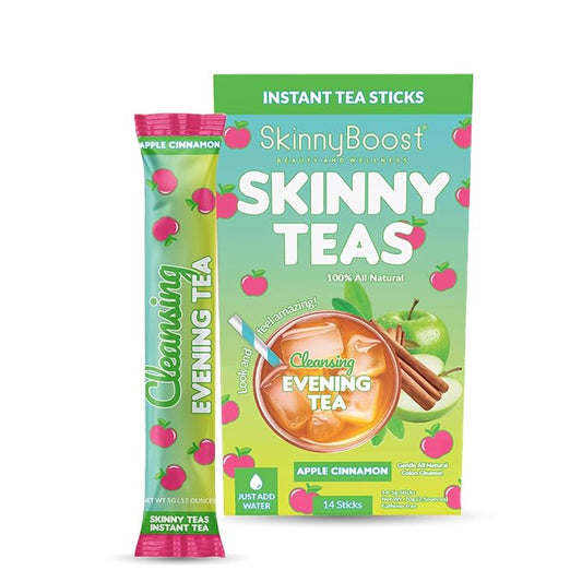 Skinny Teas Instant Tea Sticks - Cleansing Evening Tea - 14 Ct - Herbal Detox Blend with Colon and Body Cleansing Herbs - All Natural Gentle Cleanse, Reduce Bloat (Apple Cinnamon)