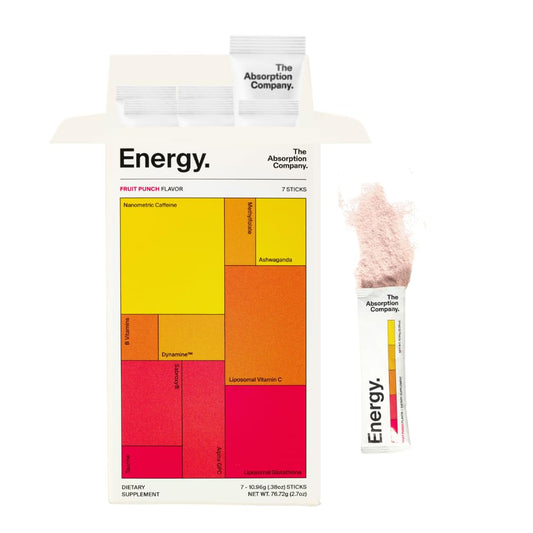 The Absorption Company Energy Drink Powder Mix Packets - Clean Energy Booster to Support Alertness with 150mg Natural Caffeine & Vitamin C - Fruit Punch Flavor, 7 Sticks