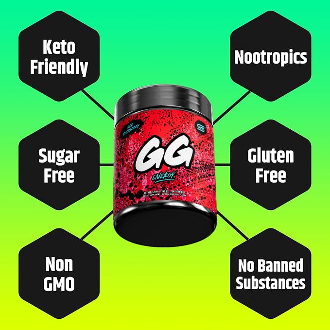 Gamer Supps, GG Energy Red Raspberry (100 Servings) - Keto Friendly Gaming Energy and Nootropic Blend, Sugar Free + Organic Caffeine + Vitamins + Immune Support, Powder Energy Drink