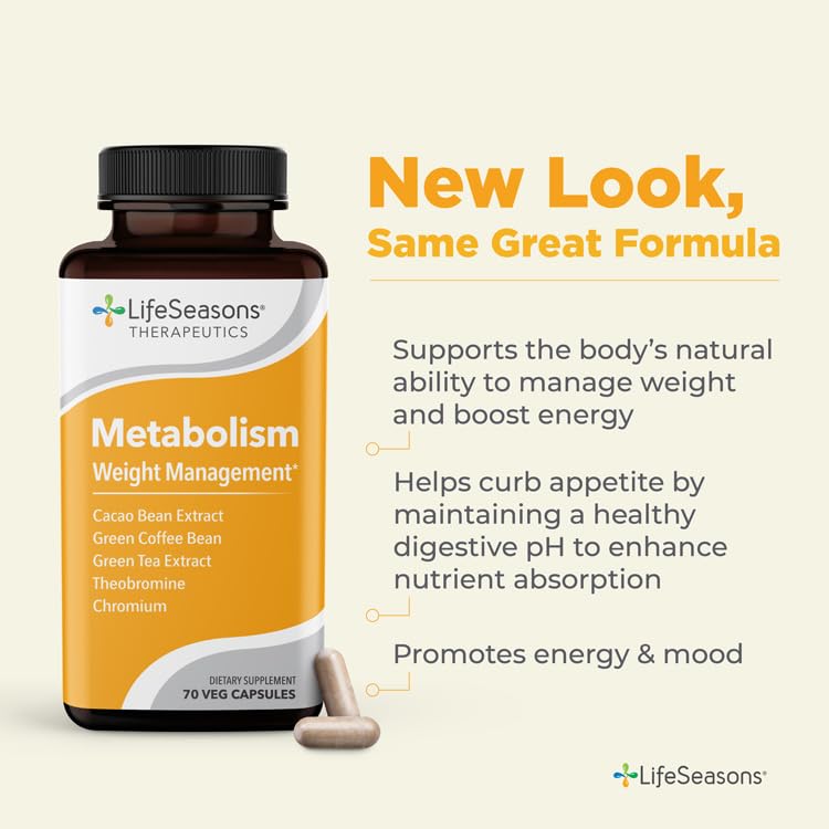 LifeSeasons Metabolism - Weight Control Support & Energy Boosting Supplement - Natural Appetite Suppressant - Curbs Cravings - Green Tea, Coffee Bean, Chromium, Cacao & Theobromine - 70 Capsules