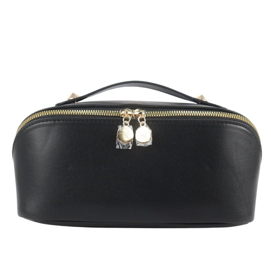 Large Capacity Travel Makeup Bag Organizer Makeup bag Set - Includes Transparent Pouch & Dust Bag PU Leather Cosmetic Bag Toiletry Bag for Women With Dividers, Handle Portable Design (Full Black)