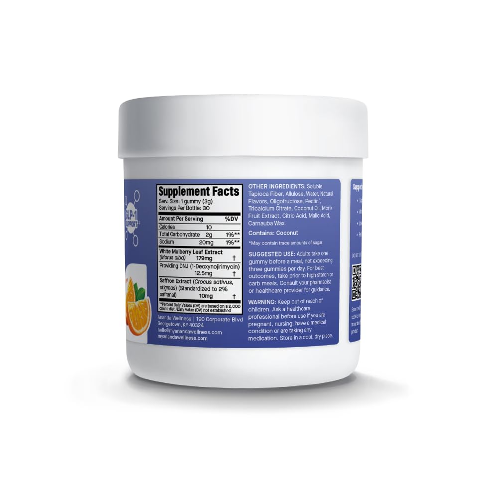 Ananda Wellness Carb Blocker Gummy with White Mulberry Leaf Extract and Saffron, Supports Balanced Appetite, Mealtime Supplement, Orange Flavor - 30 Count