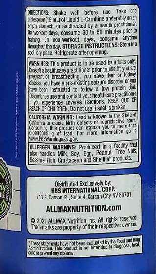 ALLMAX Nutrition Liquid L-Carnitine 1500 + Vitamin B5, 16 oz / 473 ml (Fruit Punch)