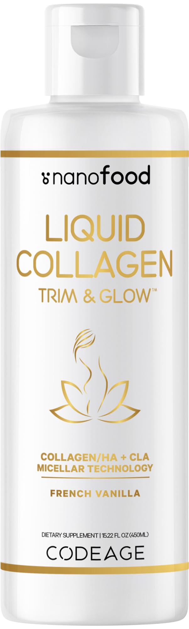 Codeage Liquid Collagen Supplement Vanilla Flavor, Beauty Trim & Glow Liposomal Collagen Peptides, CLA Conjugated Linoleic Acid, Hyaluronic Acid, Vitamin E, Hydrolyzed, Non-GMO, 15.22 fl oz