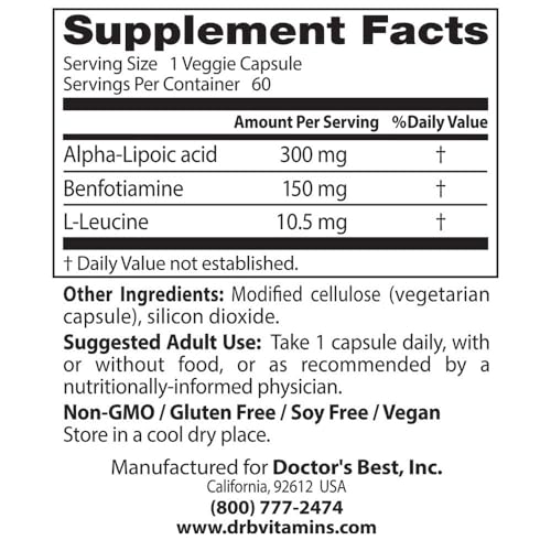 Doctor's Best Benfotiamine 150 + Alpha-Lipoic Acid 300, Non-GMO, Vegan, Gluten Free, Promotes Healthy Blood Sugar, 60 Veggie Caps