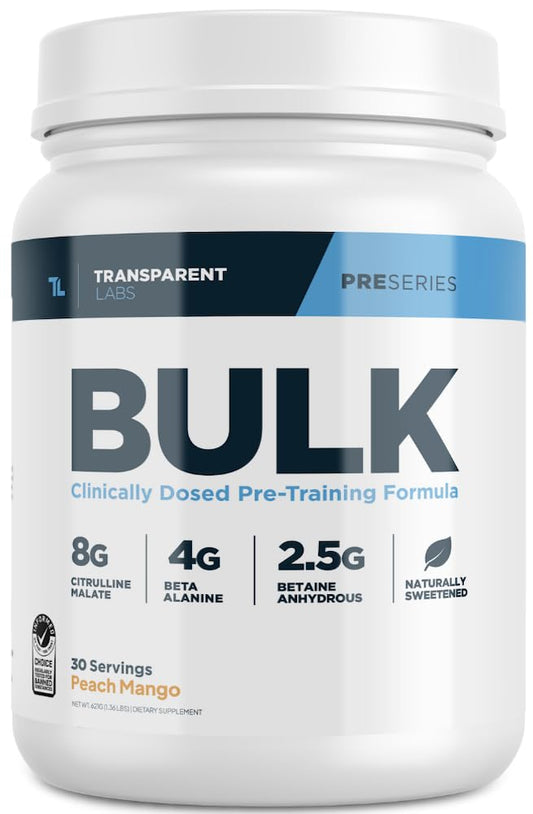 Transparent Labs Bulk Pre Workout Powder - Naturally Sweetened Advanced Pre-Workout Formula for Muscle Building and Strength - 30 Servings, Peach Mango
