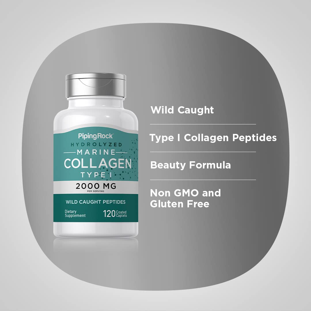 Piping Rock Marine Collagen Peptides | 2000mg | 120 Coated Caplets | Wild Caught Type 1 Hydrolyzed Supplement | Non-GMO, Gluten Free
