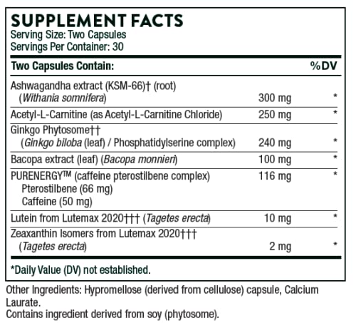 THORNE Memoractiv - Nootropic Brain Supplement for Focus, Creativity, and Concentration - Ashwagandha, Ginkgo, Lutemax, Bacopa, Pterostilbene - Gluten-Free, Dairy-Free* - 60 Capsules - 30 Servings
