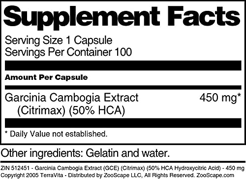 Garcinia Cambogia Extract (GCE) (Citrimax) (50% HCA Hydroxycitric Acid) - 450 mg (100 Capsules, ZIN: 512451)