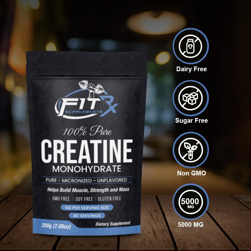 FITRxSupplements.com Pure Creatine Monohydrate Powder - Zero Added Ingredients - No Calories, 5g per Serving, Unflavored 40 Servings, 200g, Quick Dissolve