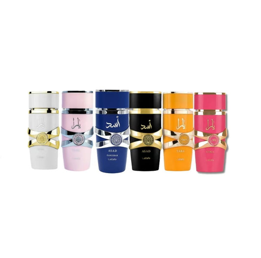 New Yara Collection 6 Piece Set Eau De Parfum Spray for Unisex (3.4 Ounce Pink Yara + 3.4 Ounce Yara Moi + 3.4 Ounce Yara Tous + 3.4 Ounce Yara Candy+ 3.4 ounce Asad + Asad Zanzibar