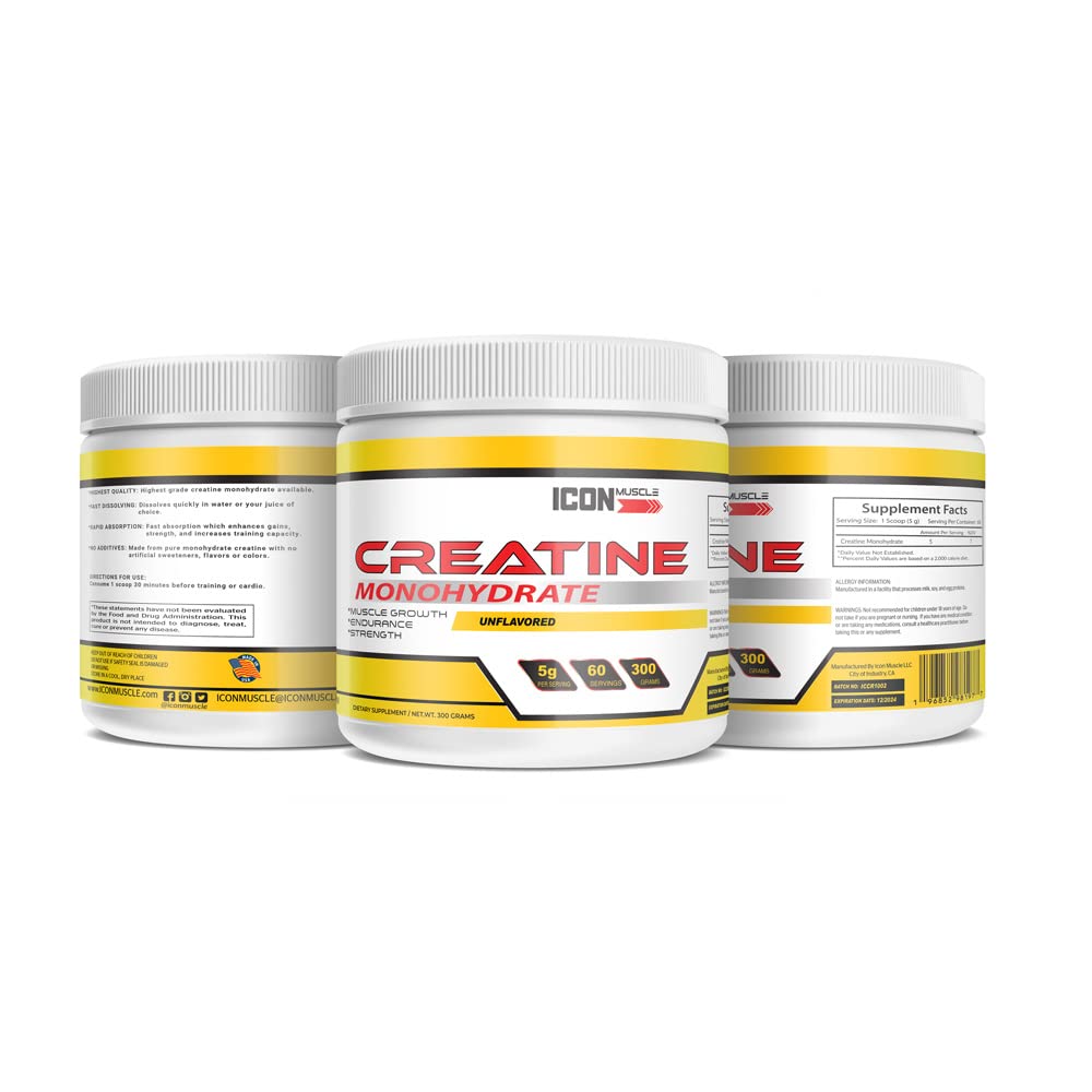 Icon Muscle Creatine Monohydrate Powder 300 Grams | Post Workout Recovery | Muscle Building Creatine Supplements | Unflavored