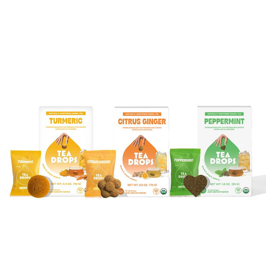 Tea Drops Herbal Trio Gift Set Sampler  Dissolvable Bagless Loose Leaf Tea  Iced or Hot  Caffeine Free Naturally Sweetened Peppermint Turmeric Citrus Ginger  10 Per Flavor  30 Servings