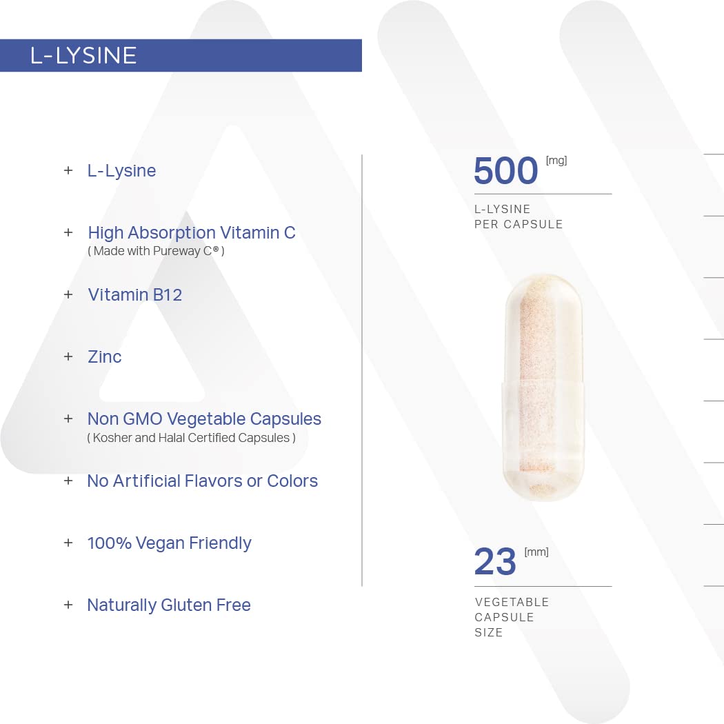 Anew Vita L-Lysine Supplement with Vitamin B12 + C + Zinc for Lip, Mouth, and Oral Tissue Health - Enhanced Wellness Support - Non-GMO, Gluten-Free - Made in USA - 60 Vegetable Capsules, 500mg