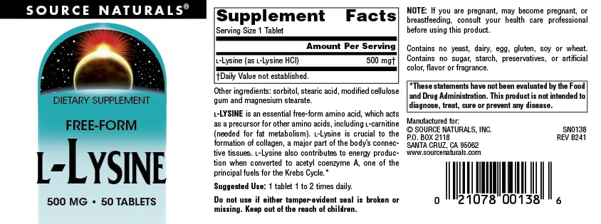 Source Naturals L-Lysine Free Form -Amino Acid Supplement Supports Energy Formation & Collagen* - 500 mg- 50 Tablets