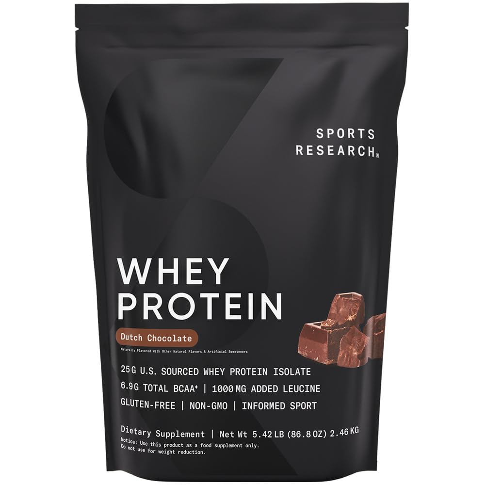 Sports Research Whey Protein - Sports Nutrition Whey Isolate Protein Powder for Lean Muscle Building & Workout Recovery - 5 lb Bag Bulk Protein Powder 25g per Serving - Dutch Chocolate, 56 Servings