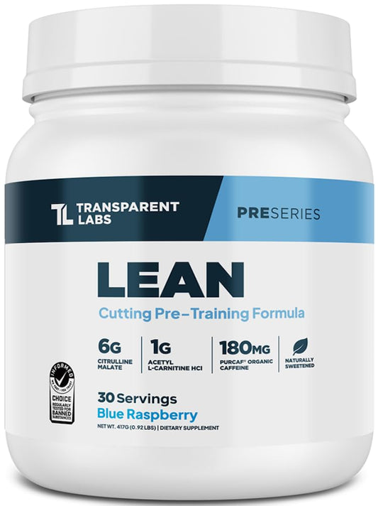 Transparent Labs Lean Pre-Workout - Body Recomposition Pre Workout for Men and Women with Acetyl L-Carnitine, Beta Alanine Powder, & PurCaf Organic Caffeine Powder - 30 Servings, Blue Raspberry