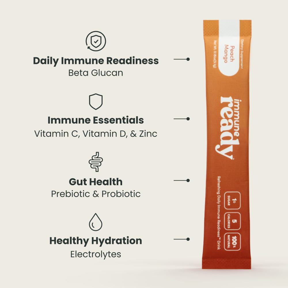 Immune Ready™ - Refreshing Daily Immune Readiness Drink Mix - Peach Mango Flavor - Supports Immune & Digestive Health - Natural Ingredients - 1 Pouch (Pack of 15)