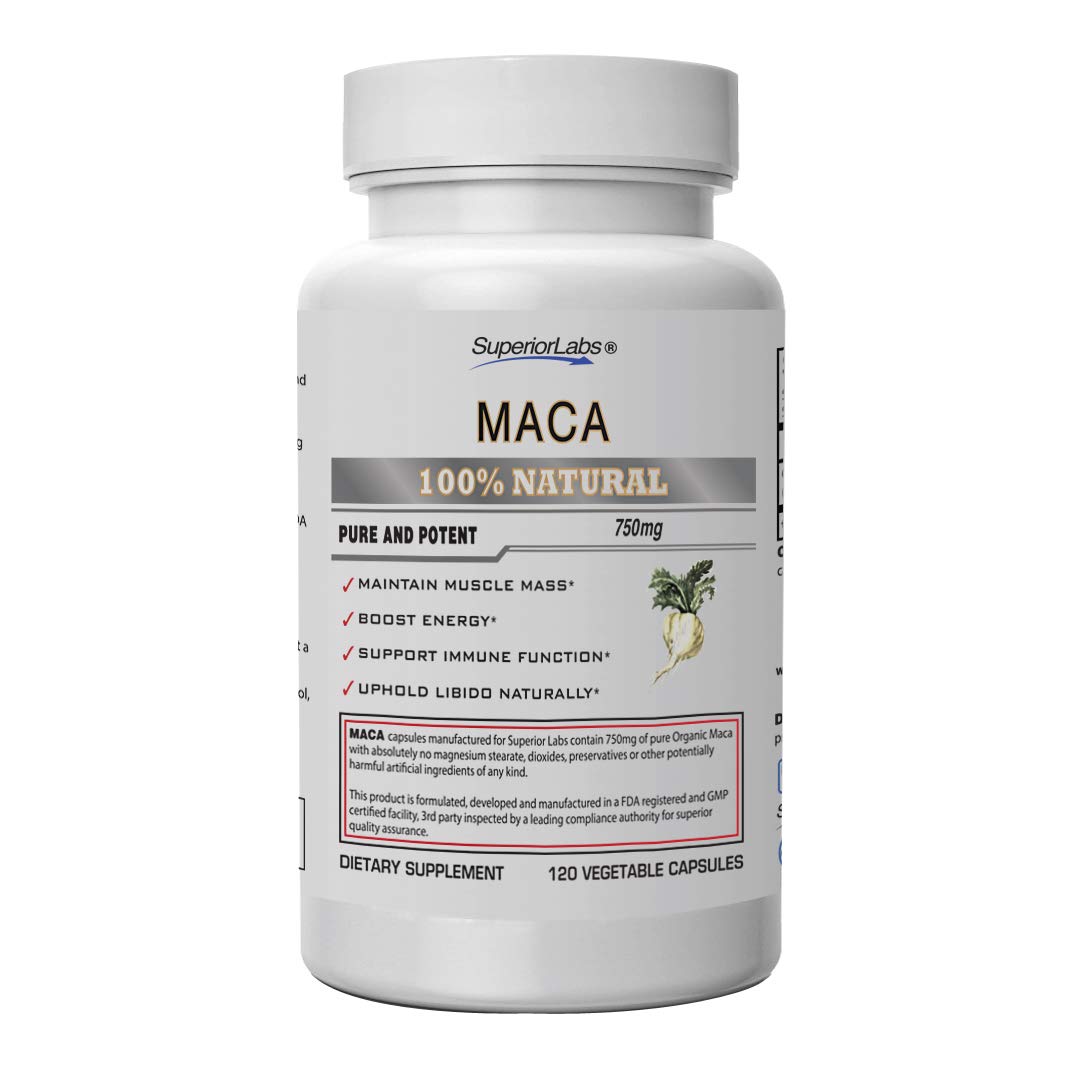 Superior Labs - Organic Peruvian Maca - 100% Pure NonGMO - Dietary Supplement for Calming and Relaxation - Zero Synthetic Additives, Stearates, Dioxides - 750mg, 120 Vegetable Capsules