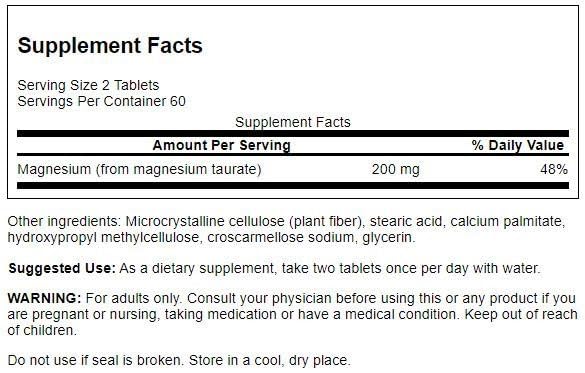 Swanson Magnesium Taurate - Mineral Supplement- Natural Magnesium & Taurine Formula (120 Tablets, 100mg Each)