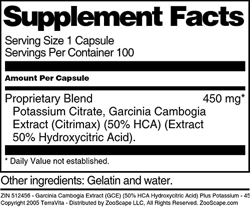 Garcinia Cambogia Extract (GCE) (50% HCA Hydroxycitric Acid) Plus Potassium - 450 mg (100 Capsules, ZIN: 512456) - 2 Pack