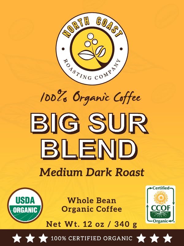 North Coast Roasting Company Medium Dark Roast Low Acid Organic Coffee Whole Bean  Big Sur Blend USDA Certified Organic Coffee Beans 12 Ounce Bag