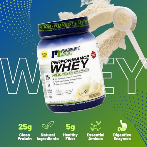 PERFORMANCE INSPIRED Nutrition WHEY Protein Powder - All Natural - 25G Protein - BCAAs - Digestive Enzymes - Fiber Packed - Natural Vanilla - 2lb