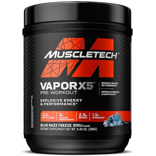 MuscleTech Pre-Workout Powder, Vapor X5 - Sports Nutrition Muscle Building Supplements for Women & Men - Intense Muscle Pump Energy Powder Drink Mix - Blue Razz Freeze, 266g (30 Servings)
