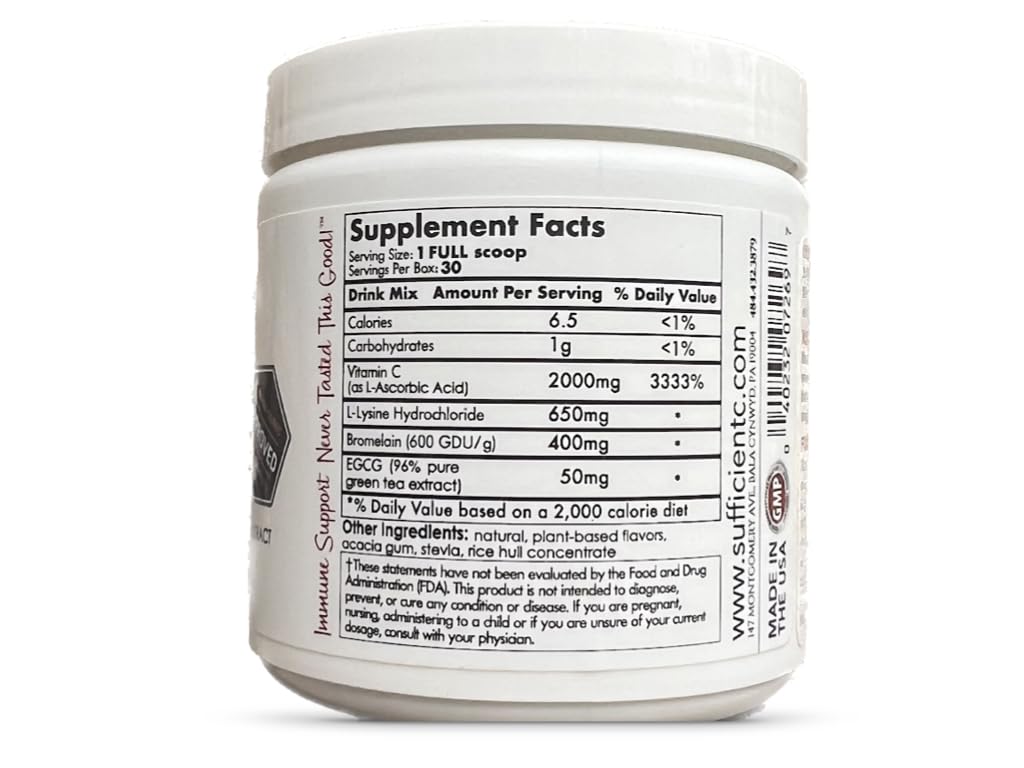 Sufficient-C High Dose Non-GMO Vitamin C Lemon Peach Immune-Ade Drink Mix, Convenient 125 Gram Size w/L-lysine, Bromelain & a Premium 96% Pure Green Tea Extract - Stomach Friendly, Adrenal Supportive