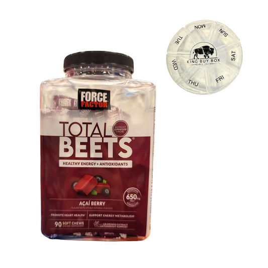 KING BUY BOX Pill Box (Color May Vary) Bundle with Total Beets, Beet Root Superfood Soft Chews, Acai Berry (90 ct.) compatile with Factor Force