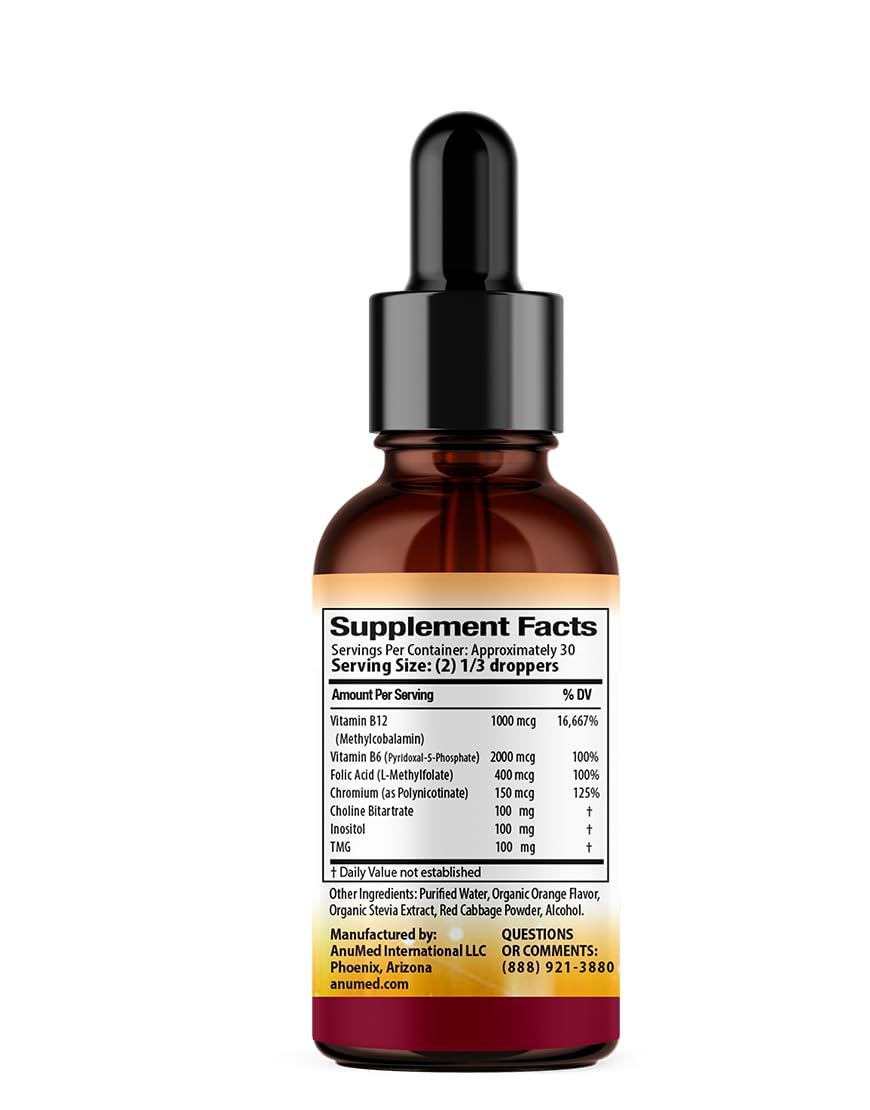 ANUMED - Lipotropic Complex Liquid Drops with Vitamin B12, B6, Folic Acid, Choline, Inositol for Liver Health, Natural Cleanser, Detox + Boosts Natural Energy Levels. Vegan, Non-GMO, Gluten-Free (2oz)