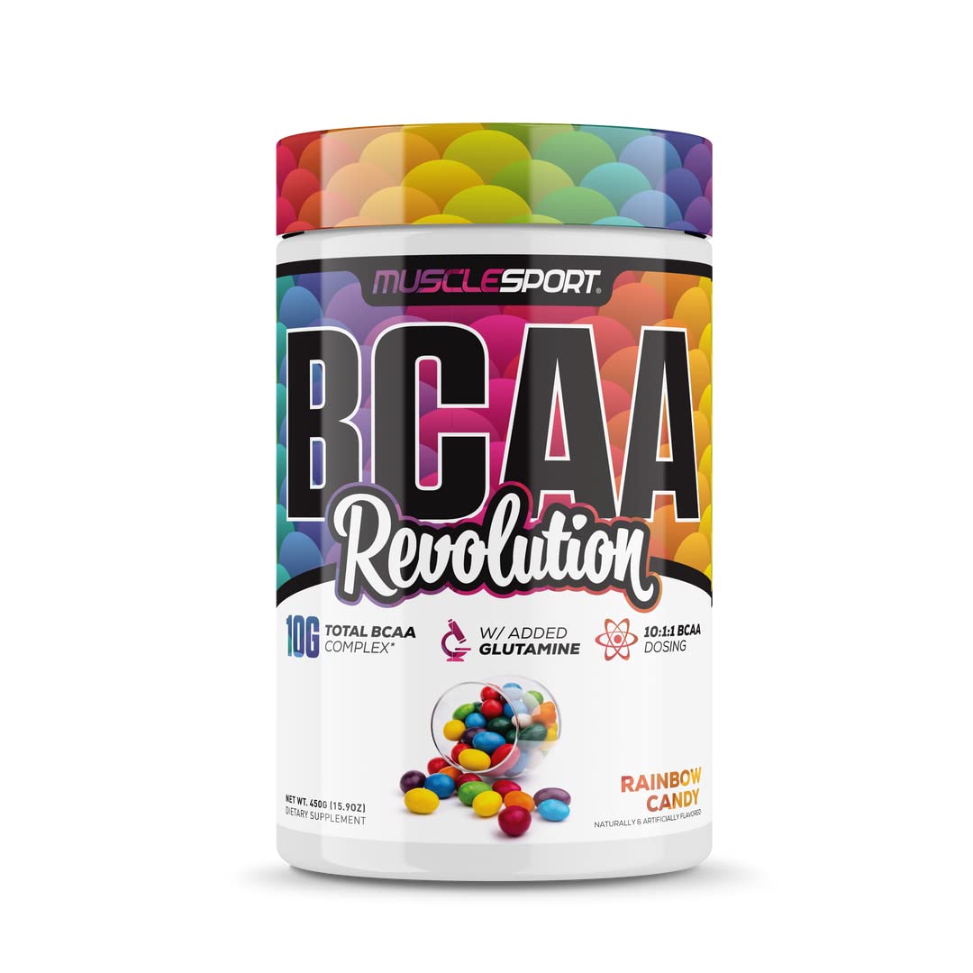 MuscleSport BCAA Revolution Amino Acid Powder Supplement for Men & Women - Intra Workout Training Complex - Recovery Supplement (Rainbow Candy, 30 Servings)