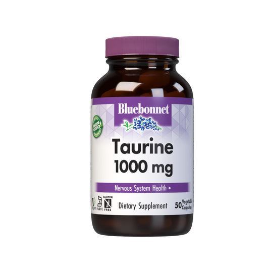 Bluebonnet Nutrition Taurine 1000mg, Free-Form Amino Acid, for Nervous System Health, Soy-Free, Gluten-Free, Non-GMO, Kosher Certified, Vegan, White, 50 Vegetable Capsules, 50 Servings