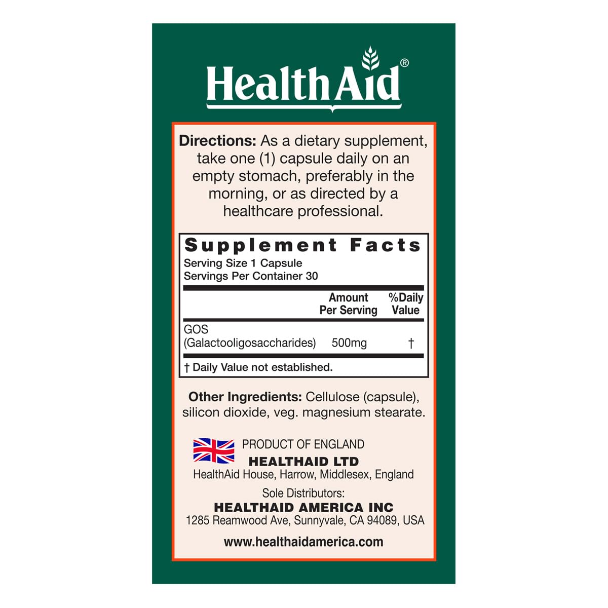 HealthAid GOSPrebio, Prebiotic Fiber, Once Daily, 30ct, Helps Proliferation of Beneficial Bacteria in The Gut, Galactooligosaccharides