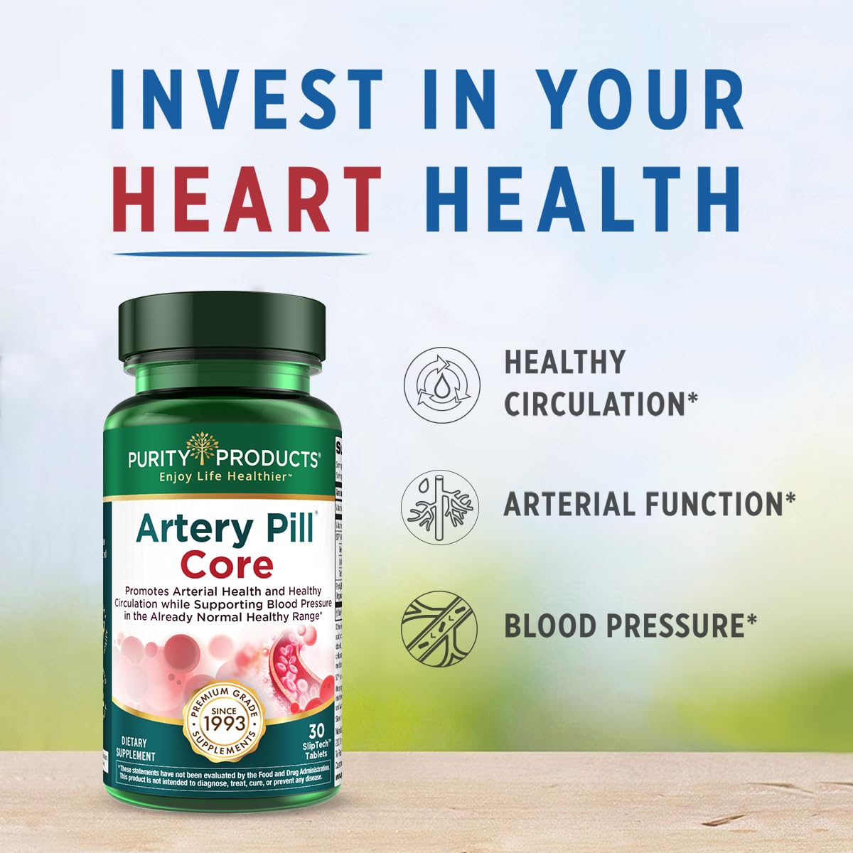 Purity Products Artery Pill Core from MK-7 Vitamin K2, Plant-Based S7 Nitric Oxide Booster, Vitamin D3, Organic Blueberries - Promotes Arterial Health & Cardiovascular Function - 30 Count