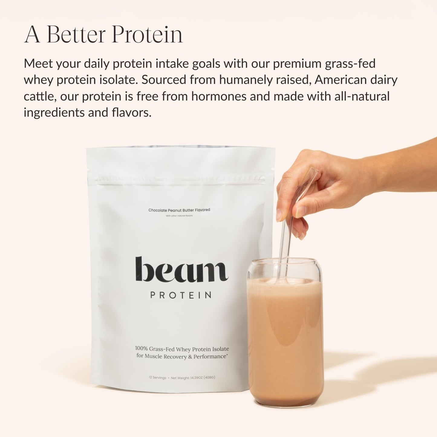 Beam Grass Fed Whey Protein Powder - Chocolate Peanut Butter, 12 Servings, 22g Protein Per Serving, Clean Whey Isolate & Concentrate, Low Carb, Paleo Friendly, GMO Free, Gluten Free, 3rd Party Tested