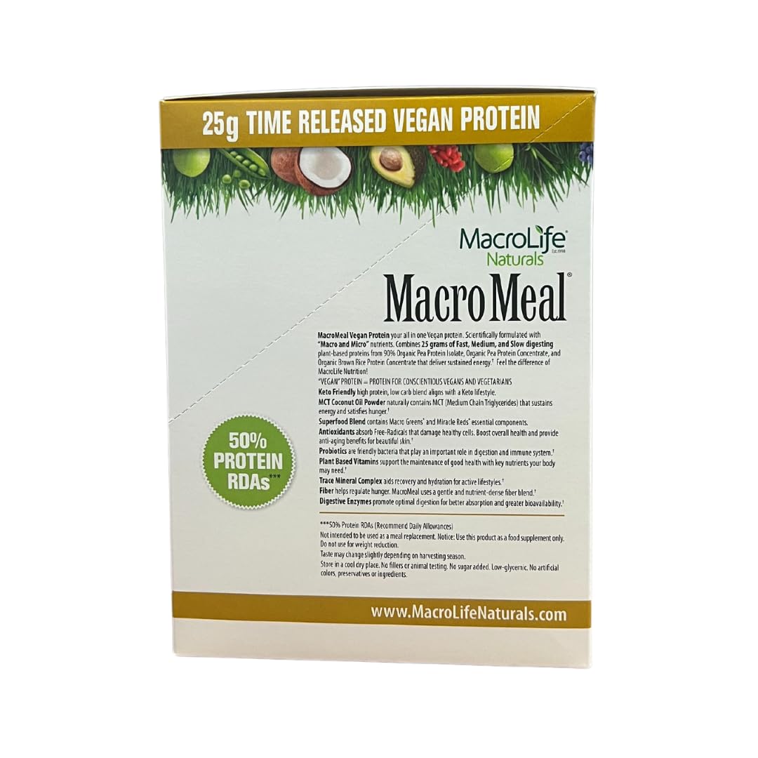 MacroLife Naturals MacroMeal Vegan Chocolate Superfood Supplement Powder Protein + Greens, Probiotics, Digestive Enzymes, Fiber - Energy, Detox, Immune - Non-GMO, Gluten-Free - 10 Packet Servings