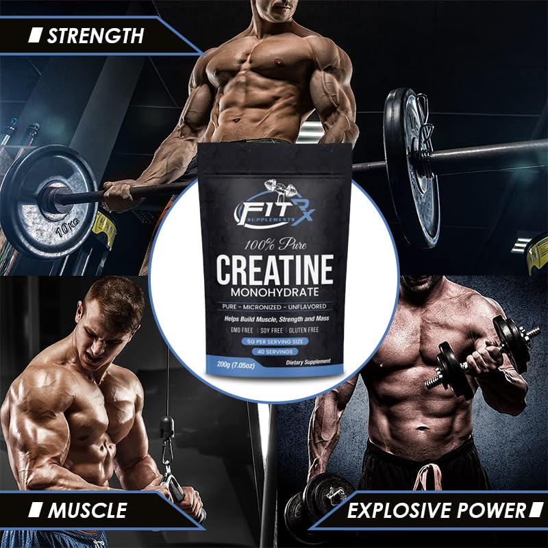 FITRxSupplements.com Pure Creatine Monohydrate Powder - Zero Added Ingredients - No Calories, 5g per Serving, Unflavored 40 Servings, 200g, Quick Dissolve